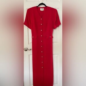 Vintage Julian Taylor Vibrant Red Button-Front ShortSleeve Midi Dress